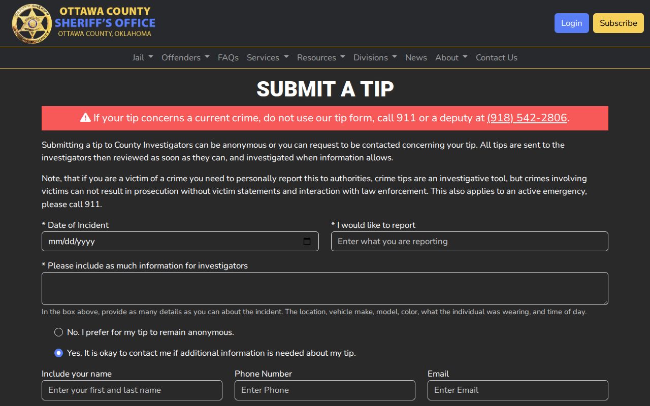 Ottawa County warrant records anonymous tip form fields