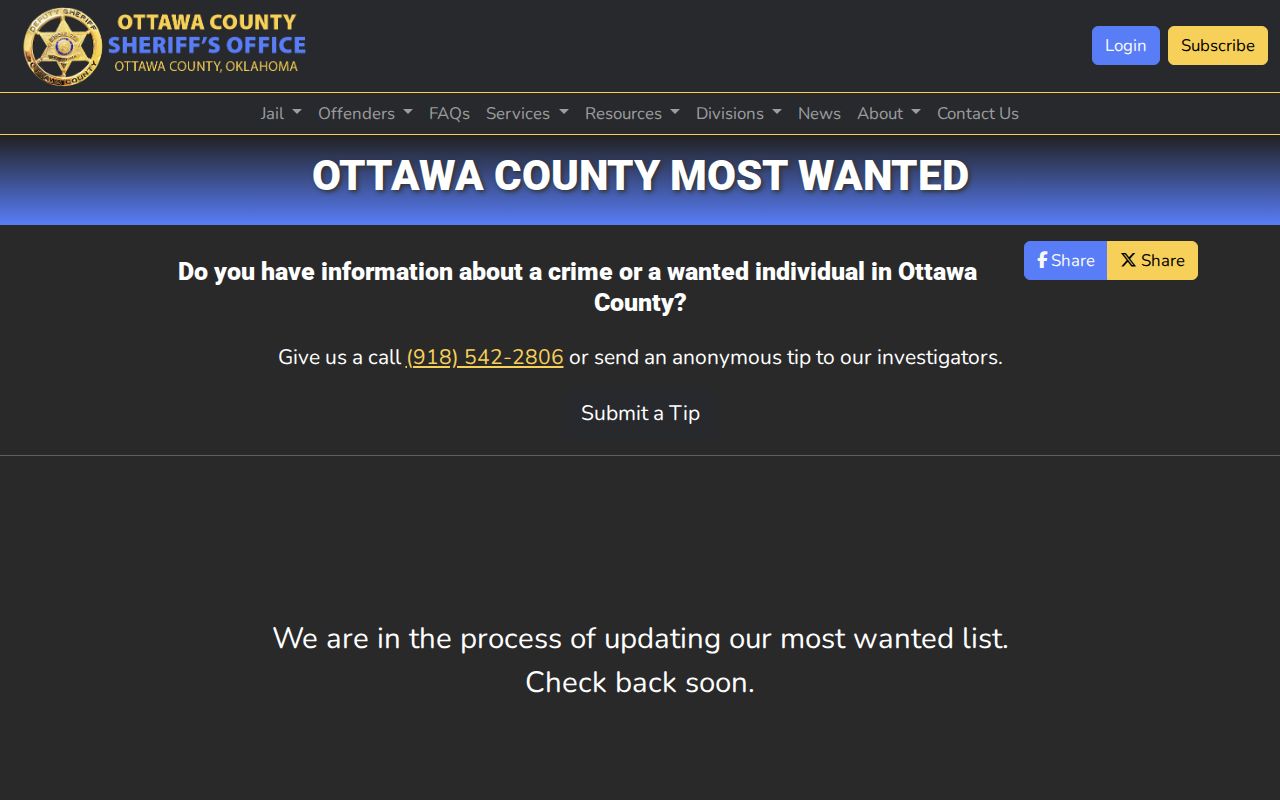 Ottawa County active warrant records Most Wanted program interface
